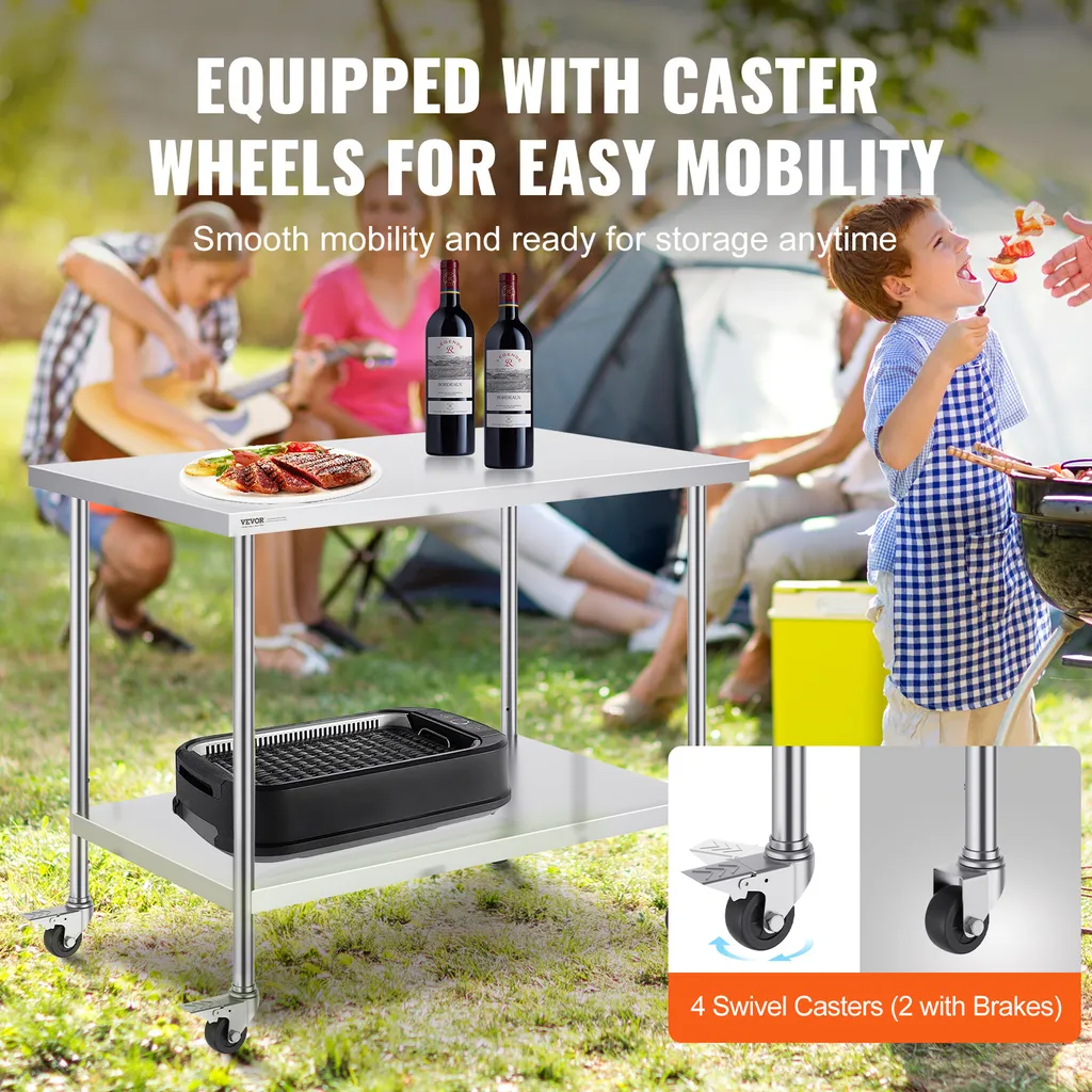 Table de préparation en inox mobile avec étagères pour cuisine pro