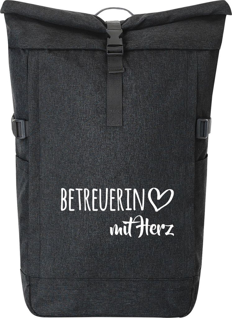 Huuraa Kurierrucksack Betreuerin mit Herz 30-44 Liter Black Melange Fairtrade Rolltop Rucksack Geschenkidee