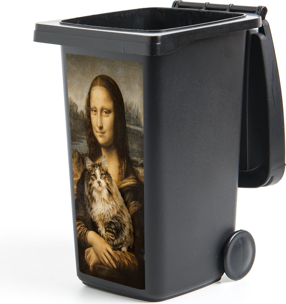 MuchoWow Mülltonnenaufkleber Mona Lisa - Katze - Leonardo da Vinci - Vintage - Kunstwerk - Alte Meister - Gemälde 44x98 cm - Containeraufkleber...