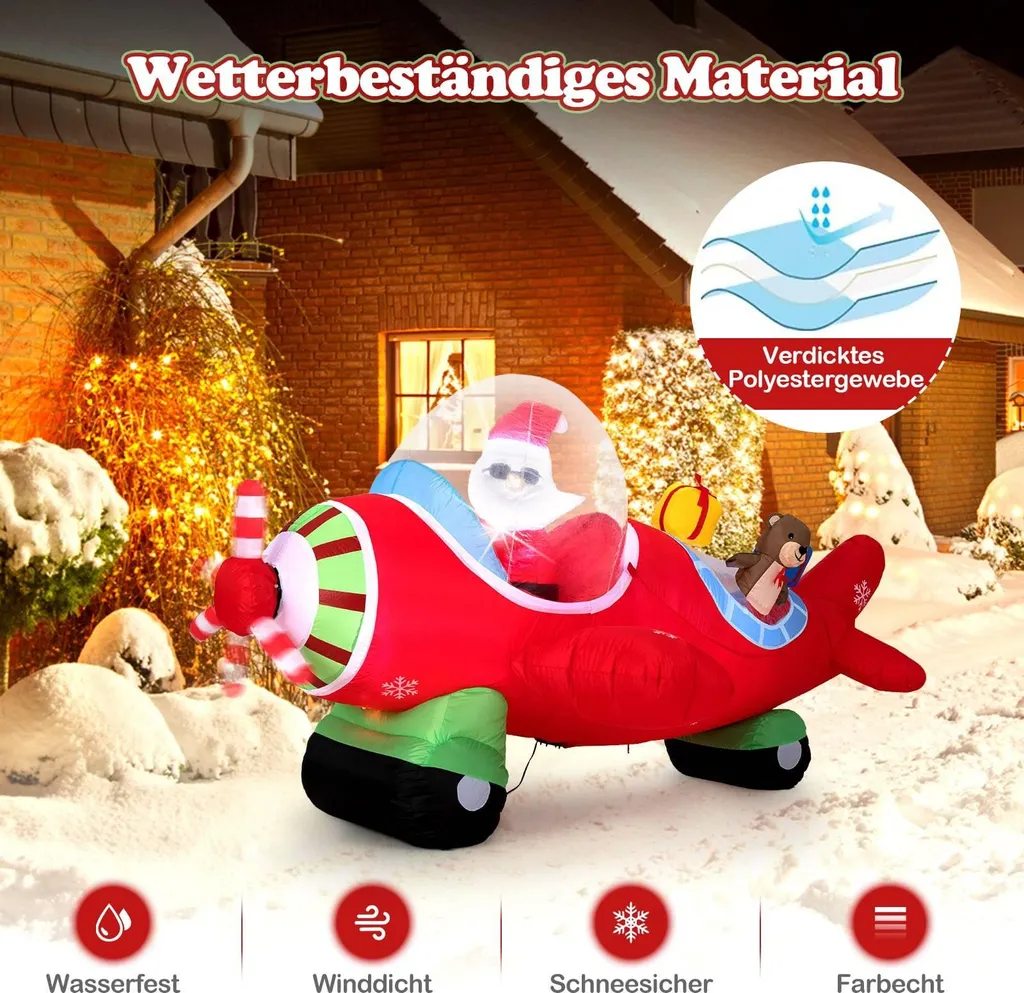 Père Noël gonflable avion lumineux LED 220 cm résistant extérieur