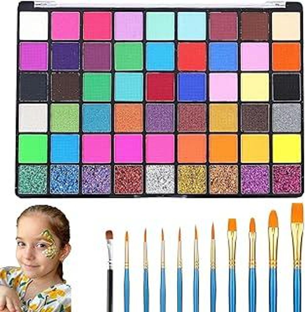 Graplan Kinderschminke Set, 54 Farben Gesichtsfarben Set mit 11 Pinseln, Wasserlösliche & Hautfreundliche Schminke für Karneval Halloween Kinderg...