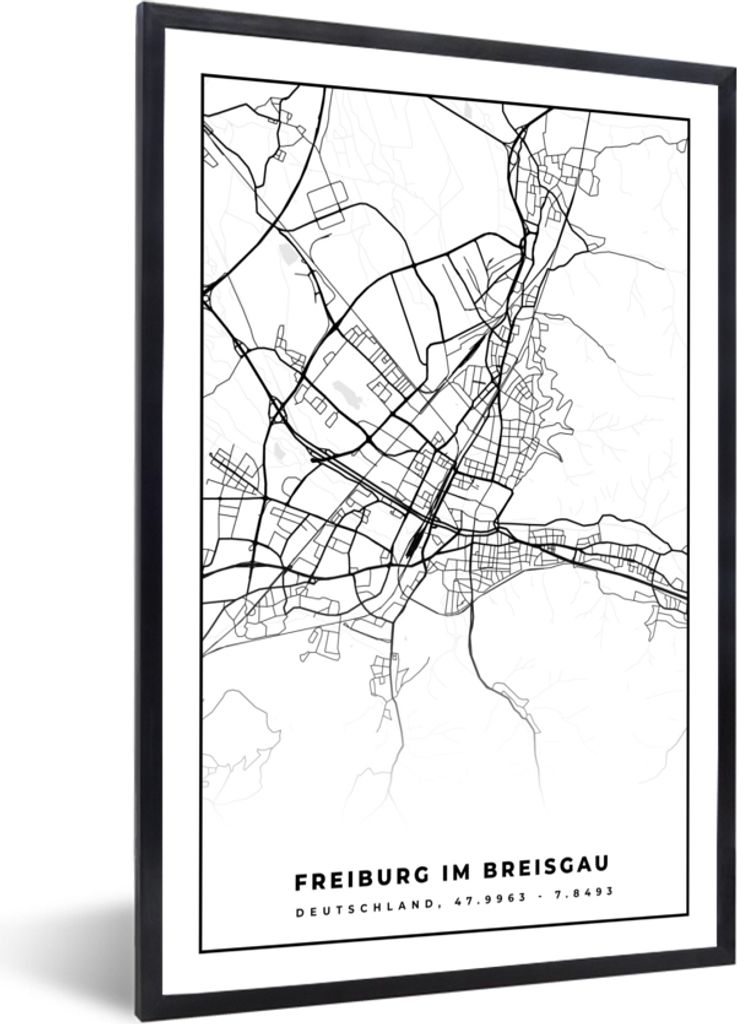 MuchoWow Gerahmtes Poster Karte - Freiburg im Breisgrau - Karte - Stadtplan 20x30 cm - Poster mit Schwarzem Bilderrahmen Wandposter Rahmen Foto B...