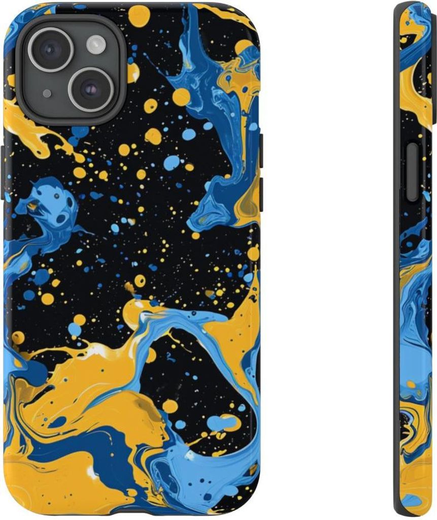 Blaue und gelbe Farbspritzer – Hülle Kompatibel mit iPhone 15 Plus