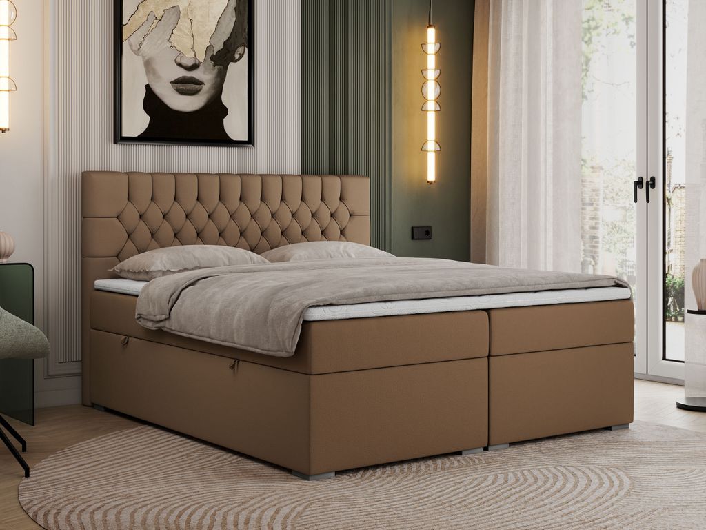 Boxspringbett 120x200 mit Matratze und Topper, Boxspringbett 120x200 mit Bettkasten und Kopfteil - PERA - 120x200 - Braun - Kunstleder - H4