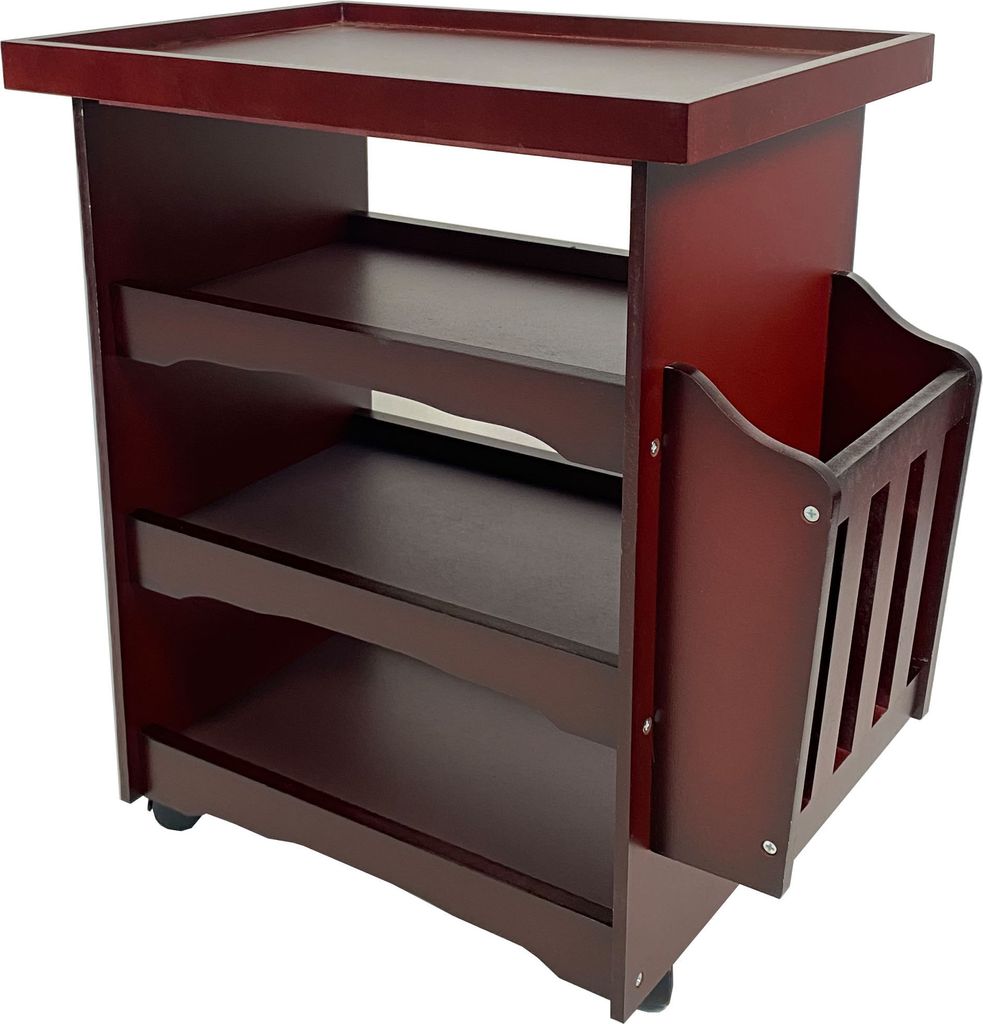 A dark red wooden side table with multiple shelves and a magazine rack.