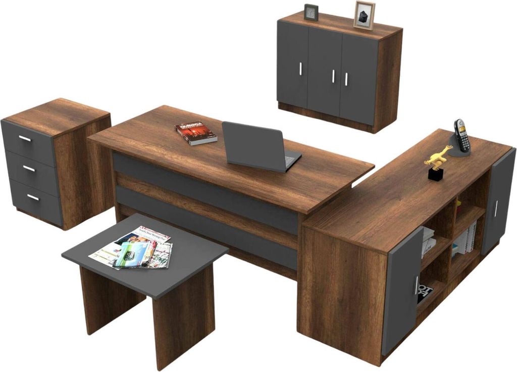 Büro-Set Delta, Studio-Komposition, Büroartikel, Schreibtisch und Schubladenset, Walnuss und Anthrazit