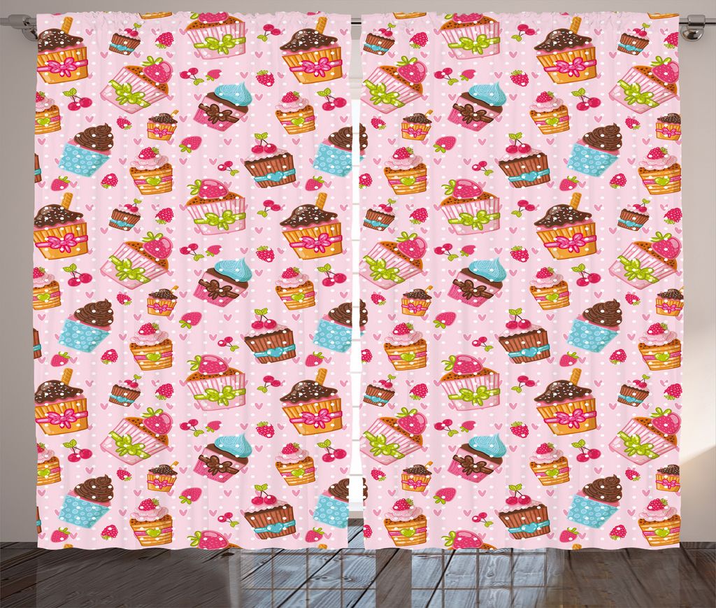 ABAKUHAUS Cupcake Rustikaler Gardine, Küche Cupcakes Muffins, Schlafzimmer Kräuselband Vorhang mit Schlaufen und Haken, 280 x 175 cm, Hellrosa un...
