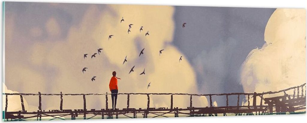 Bilder auf glas - Wolken Brücke Vögel Landschaft - 90x30cm - Glasbilder - Wandbilder - Kunstdruck - zum Aufhängen bereit - Wanddekoration aus Gl...