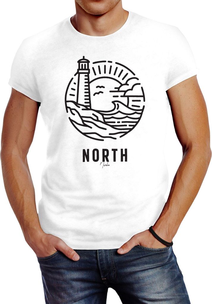 Herren T-Shirt Logo Outline Art maritim Leuchtturm Welle Aufdruck North Slim Fit Neverless weiß M