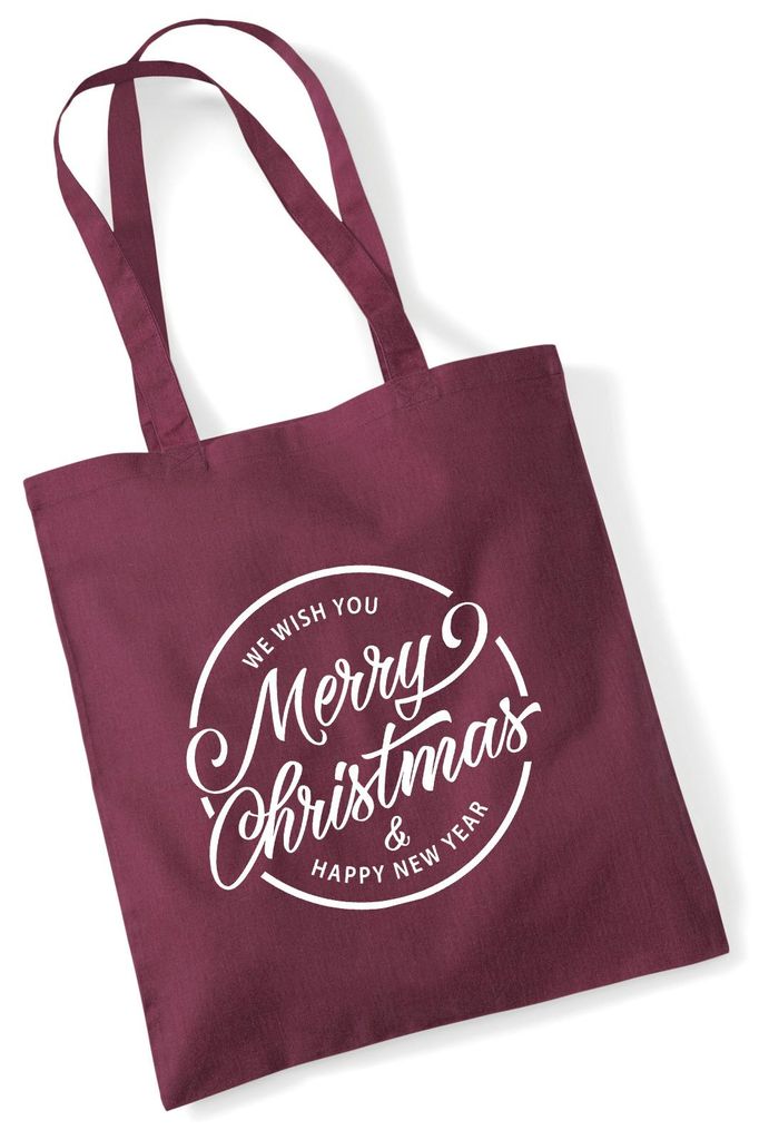 Huuraa Jutebeutel Merry Christmas Schriftzug 10 Liter Burgundy Baumwolle Tasche Geschenkidee