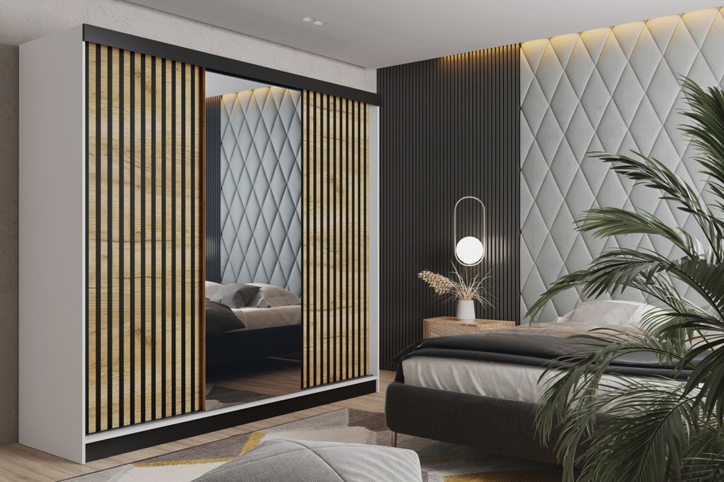 Schiebetürenschrank MALANI 200x205, Schrank, Garderobe, 3-türig, Kleiderschrank, mit Spiegel - Weiß (Korpus) + Eiche (Tür) + Schwarz (Lamellen)