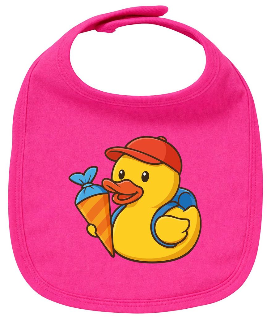 Huuraa Baby Lätzchen Quietscheente Einschulung Gummiente Schulanfang Cherry Pink Klettverschluss Baumwolle Latz Geschenkidee