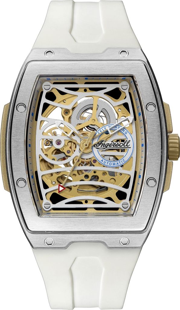 A skeletonized automatic watch with a white strap.