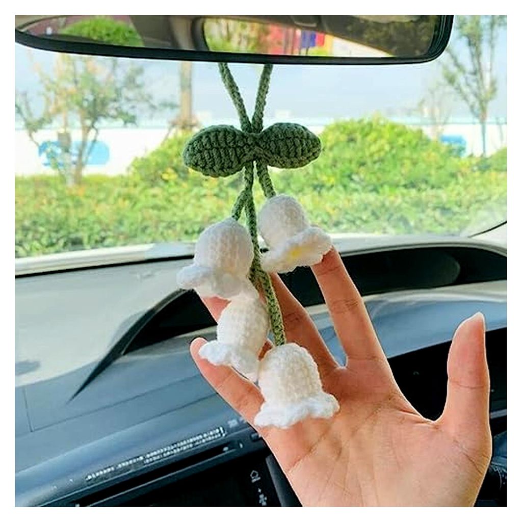 Auto Anhänger, 2 Stuck Niedliches Gestrickt Maiglöckchen Rückspiegel Ornament, Rückspiegel-Hängezubehör für Autospiegel Türen Zuhause Büro