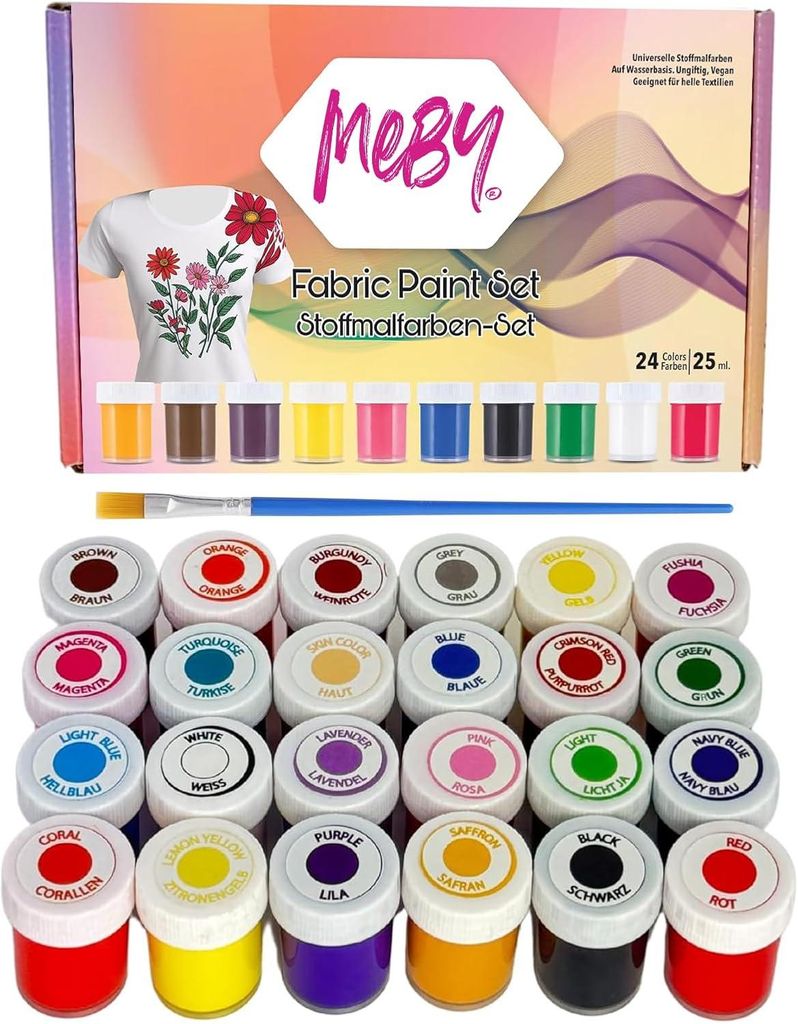 Textilfarben – Stoffmalfarben Set mit Pinsel (24x25ml) Produktbild 