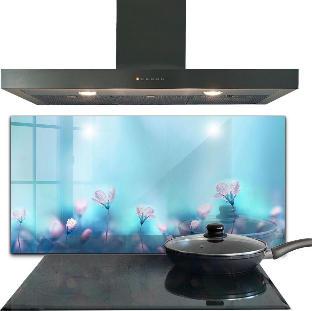 Spritzschutz aus Glas Küchenrückwand - Wandschutz für Herd und Spüle - 100x50 cm - Blumen hinter dem Morgennebel