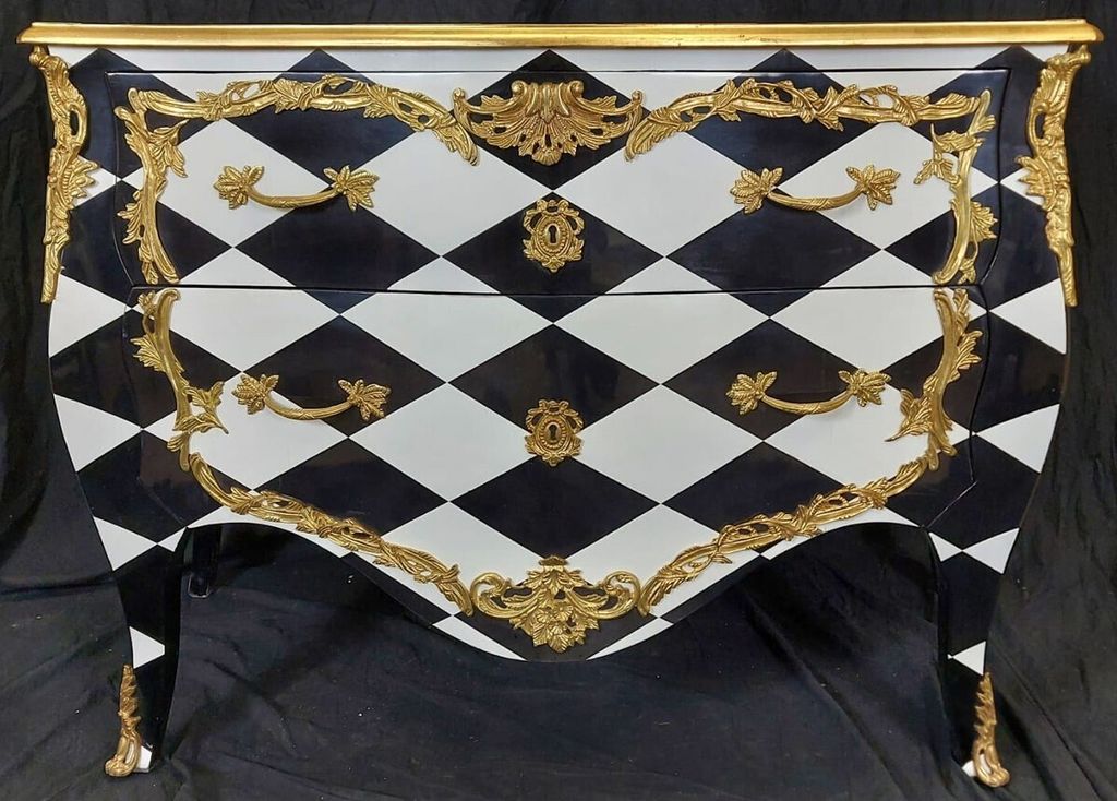 Casa Padrino Barock Kommode mit Karo Design und 2 Schubladen Schwarz / Weiß / Gold - Handgefertigte Massivholz Kommode im Barockstil - Schlafzimme...