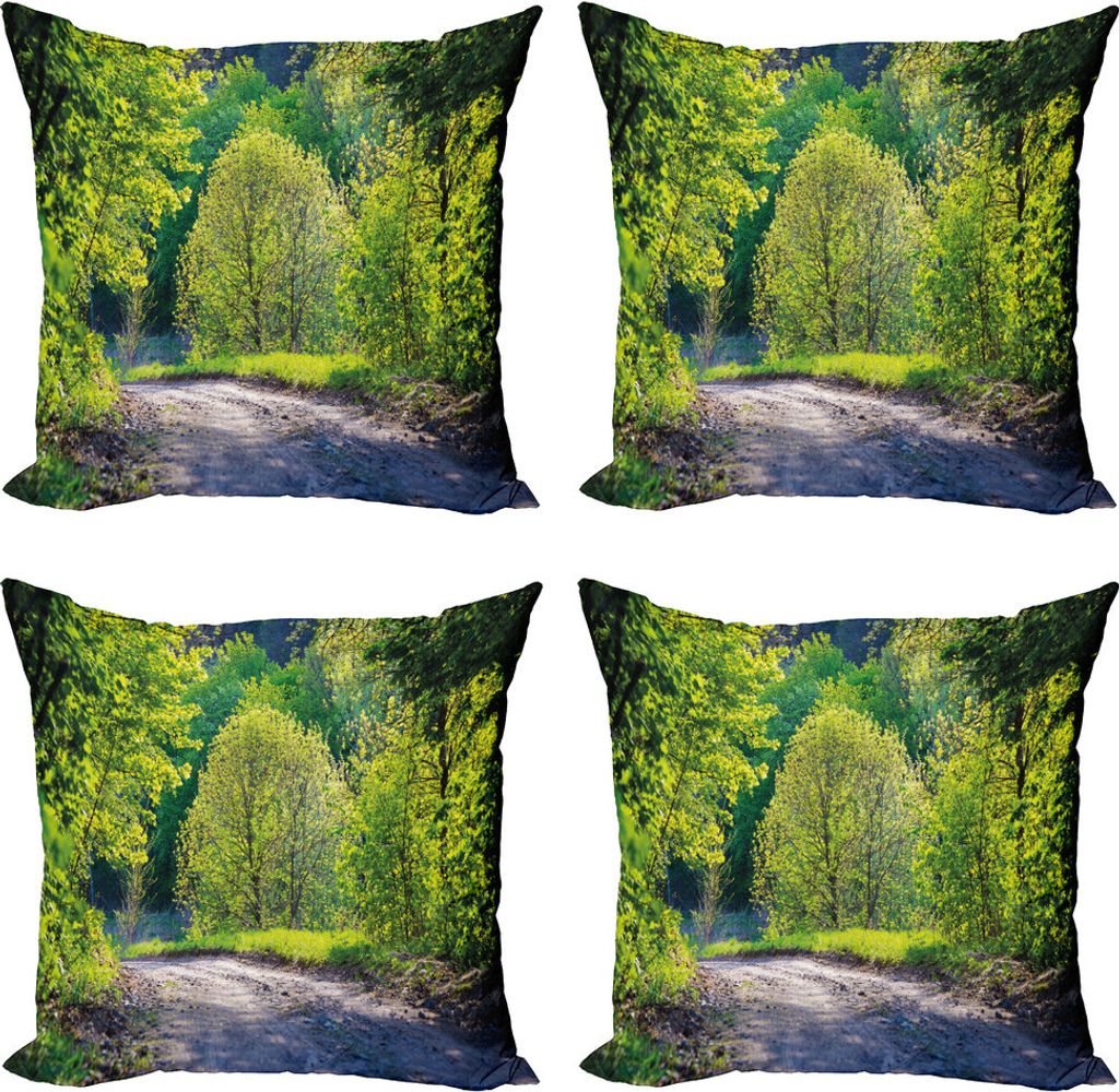 ABAKUHAUS Frühling Kissenbezug Set (4 Stück), Pfade im Wald am See, Moderner Doppelseitiger Digitaldruck, 40 cm x 40 cm, Lindgrün Grau