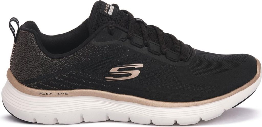 A side view of a black Skechers sneaker with rose gold accents.