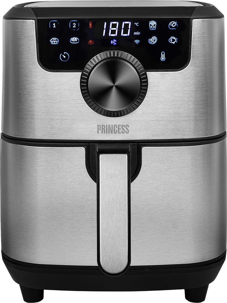 A silver air fryer with a digital display and control knob.