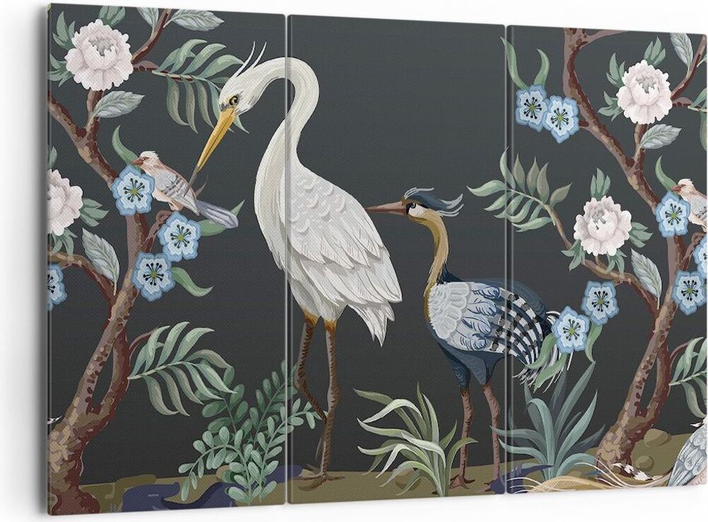 Bild auf Leinwand - Leinwandbild - 3 Teile - Asiatisch Reiher Blumen - 165x110cm - Wand Bild - Wanddeko - Wandbilder - Leinwanddruck - Bilder - Wan...