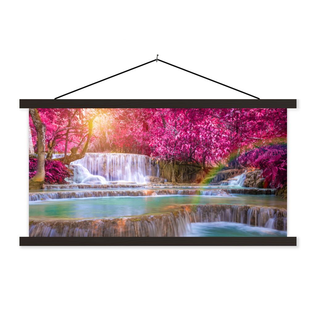 MuchoWow Textilposter Wasserfall - Regenbogen - Bäume - Rosa - Natur 90x45 cm mit schwarzem Rahmen - Klemmleisten
