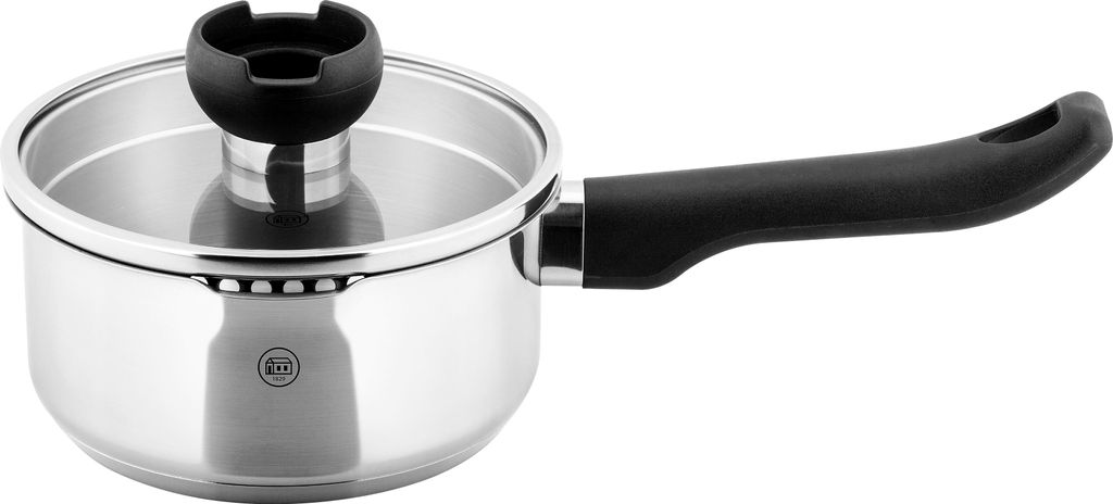 A stainless steel saucepan with a glass lid and a black handle, shown against a white background.