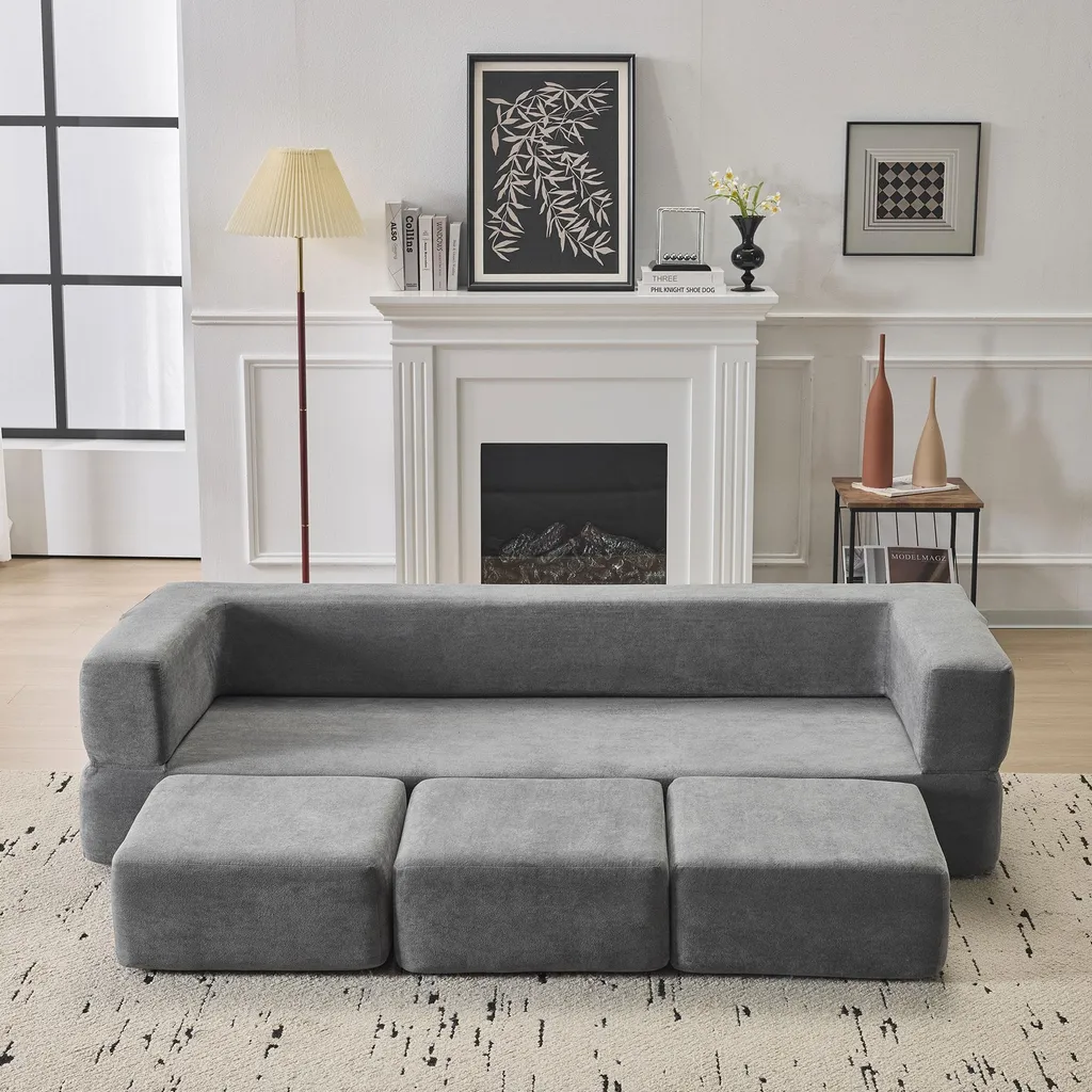 Canapé convertible modulable 201 cm avec 3 poufs en mousse coloris gris
