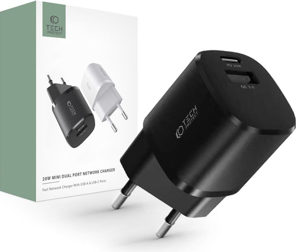 Tech-Protect C20W Mini 2-Port-Netzwerk-Ladegerät Pd20W/Qc3.0 Schwarz