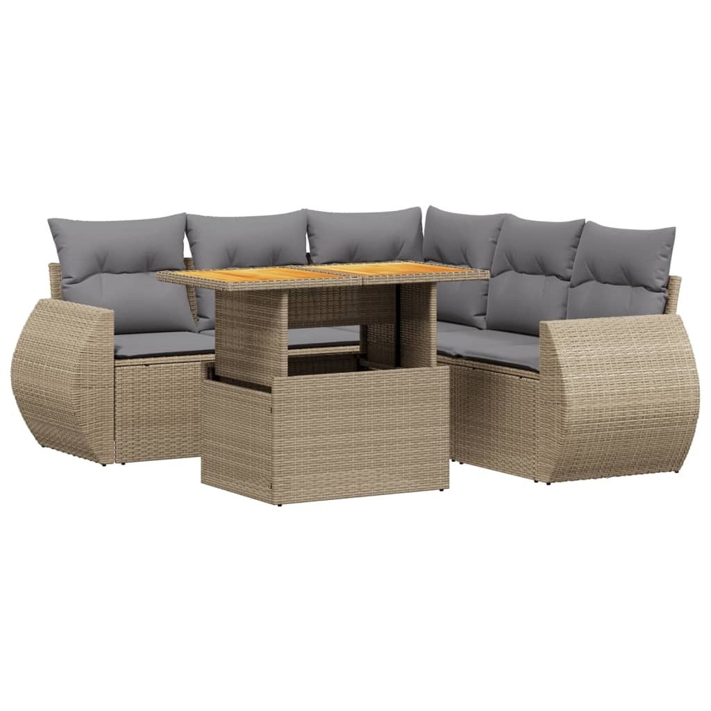 vidaXL 6-tlg. Garten-Sofagarnitur mit Kissen Beige Poly Rattan