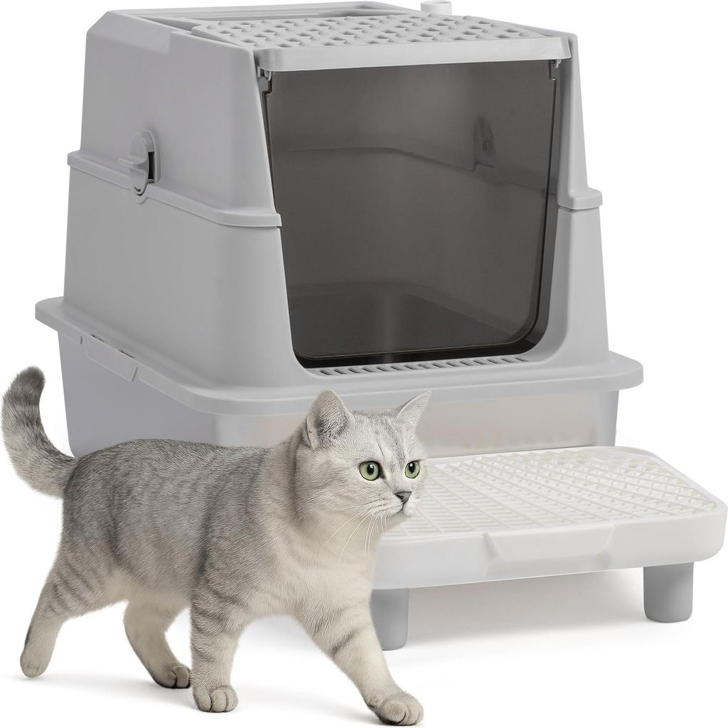 FCH Katzenklo mit Deckel, Katzentoilette aus Edelstahl mit Pedal und Spaten, 60 x 40 x 46CM