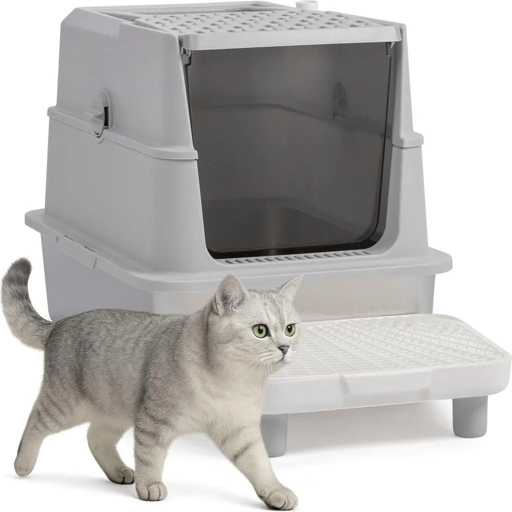 Grande Litière pour Chat 60cm en Acier avec Pelle et Bac de Sortie