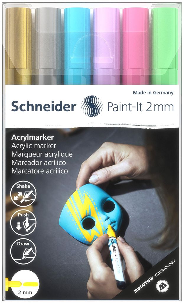 Schneider Schreibgeräte Paint-It, 6 Stück(e), Gold, Hellblau, Hellgrün, Hellrosa, Violett, Silber, Rundspitze, Gold, Grün, Hellblau, Violett, S...