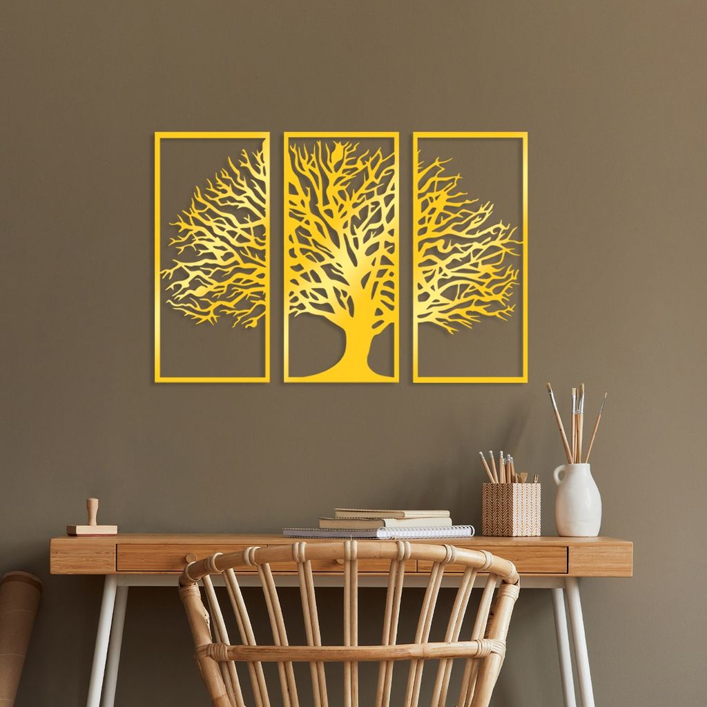 Wallity, Golden Triple Tree 4, Nachbildungatives Wandaccessoire aus Metall, Gold, METALLKÖRPER, 32 x 69 cm