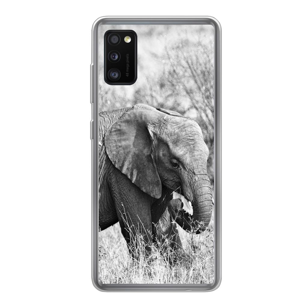 MuchoWow Handyhülle Schutzhülle Hülle für Samsung Galaxy A41 Elefant - Tiere - Gras - Schwarz und weiß Silikon Softcase Handy Hülle - Mobil...