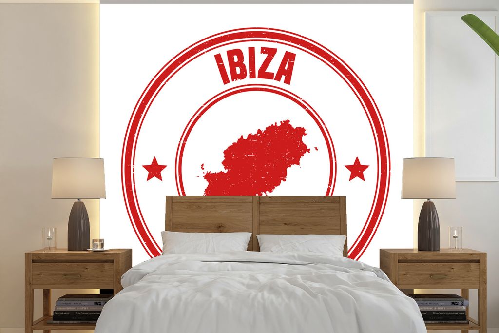 MuchoWow Fototapete für Wohnzimmer oder Schlafzimmer Wandtapete Vinyl Motivtapete Eine Illustration einer Briefmarke aus Ibiza - 240x240 cm - Sc...