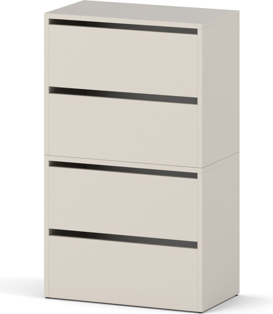 A modern, modular shoe cabinet with four drawers, presented against a white background.