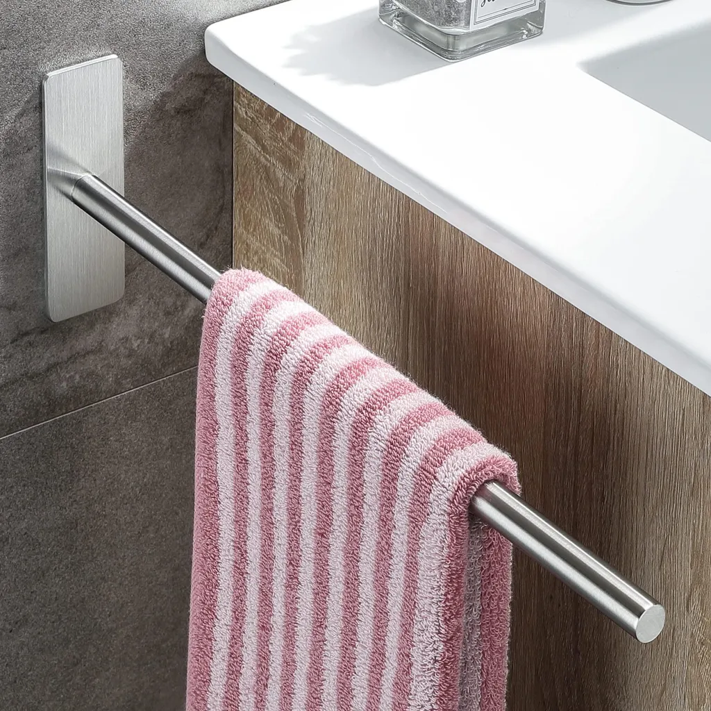 Porte-serviettes inox 39 cm fixation murale autocollante argent brossé