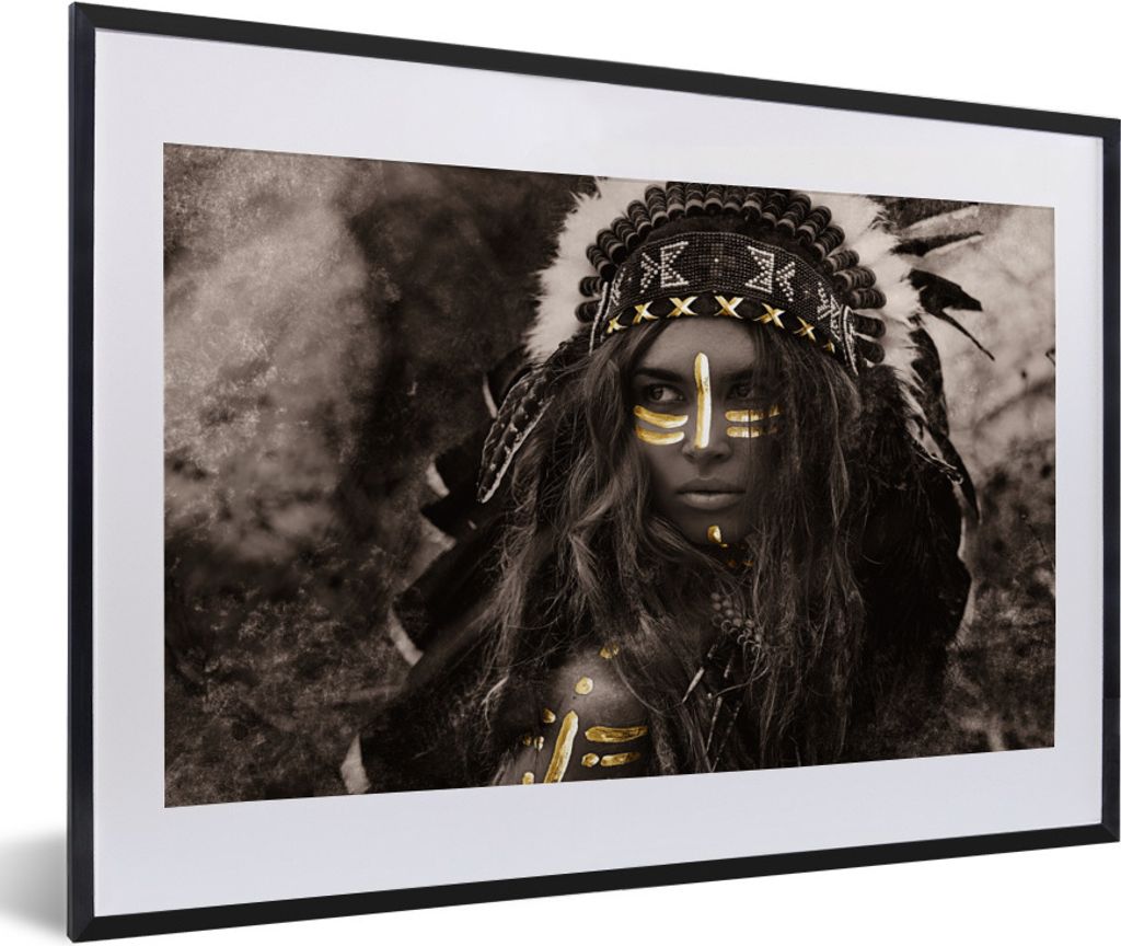 MuchoWow Gerahmtes Poster Frau - Indianerkleid - Gold 60x40 cm - Poster mit Schwarzem Bilderrahmen Wandposter Rahmen Foto Bilder - Schlafzimmer -...