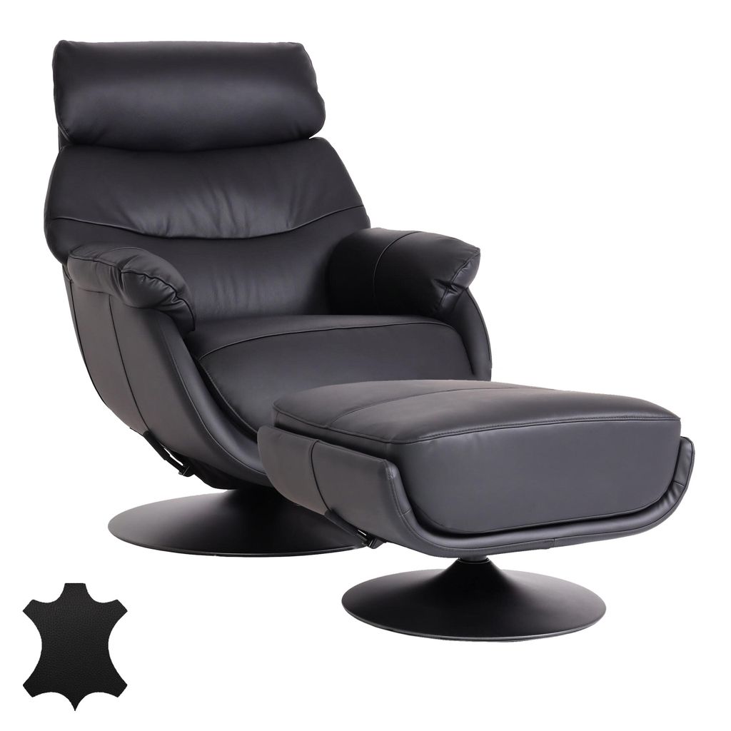 Relaxsessel mit Hocker MCW-K99, Fernsehsessel Sessel, Wippfunktion drehbar, Metall Echtleder/Kunstleder schwarz