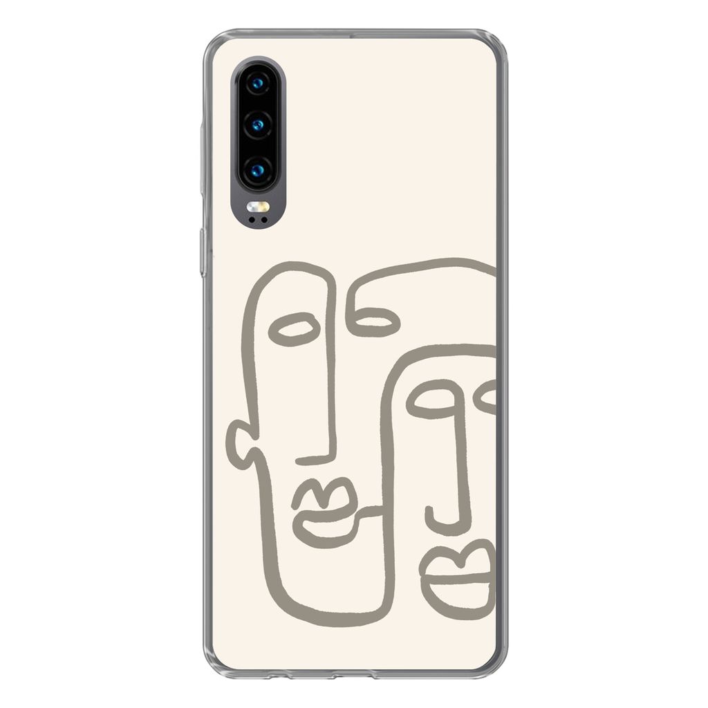 MuchoWow Handyhülle Schutzhülle Hülle für Huawei P30 Gesicht - Abstrakt - Strichzeichnung Silikon Softcase Handy Hülle - Kartenbesitzer