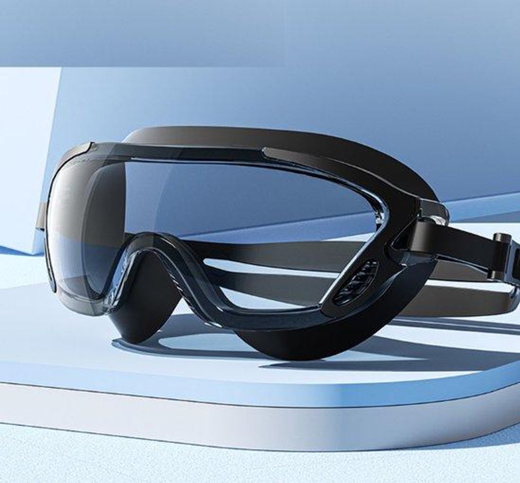 Schwarze, wasserdichte und antifrost Schwimmbrille mit großem Rahmen und hoher Auflösung.