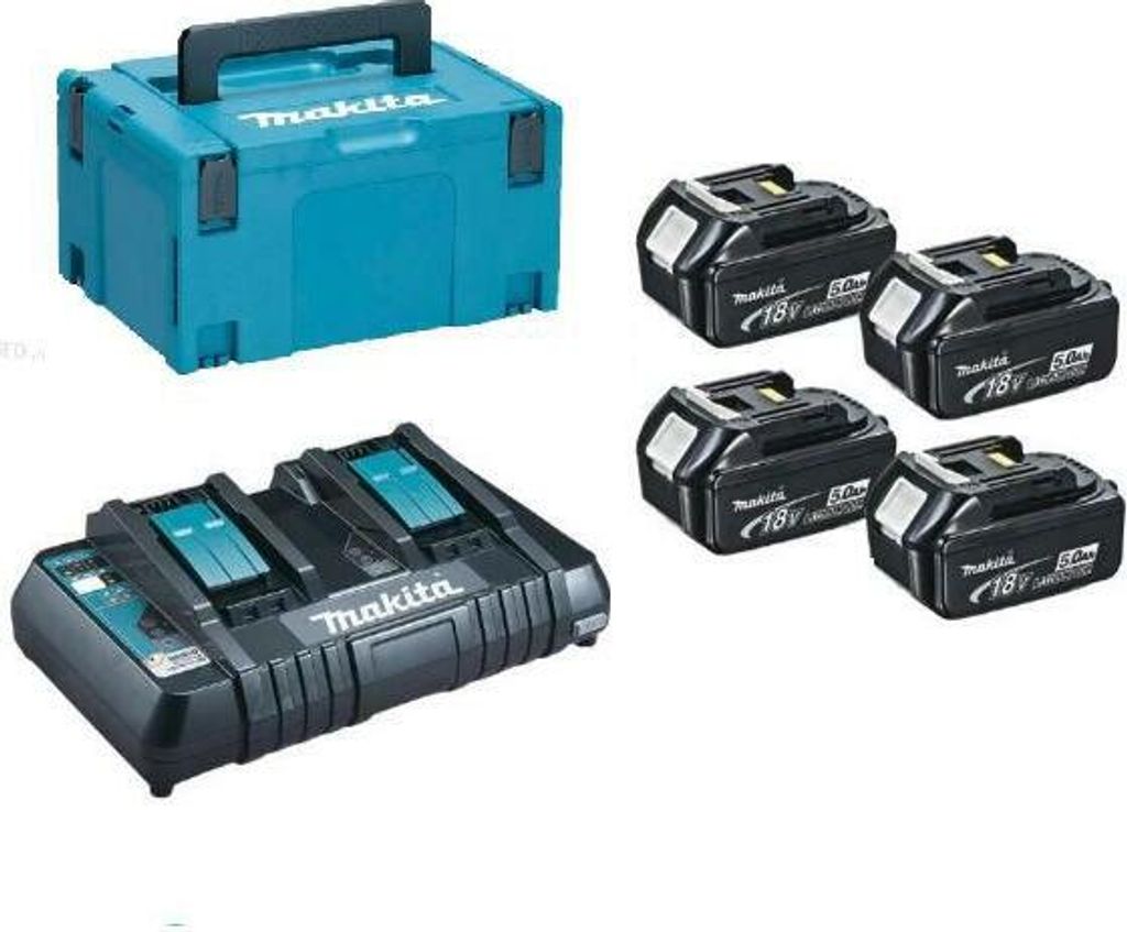 A Makita energy kit including a storage case, a dual charger, and four batteries, displayed on a white background.