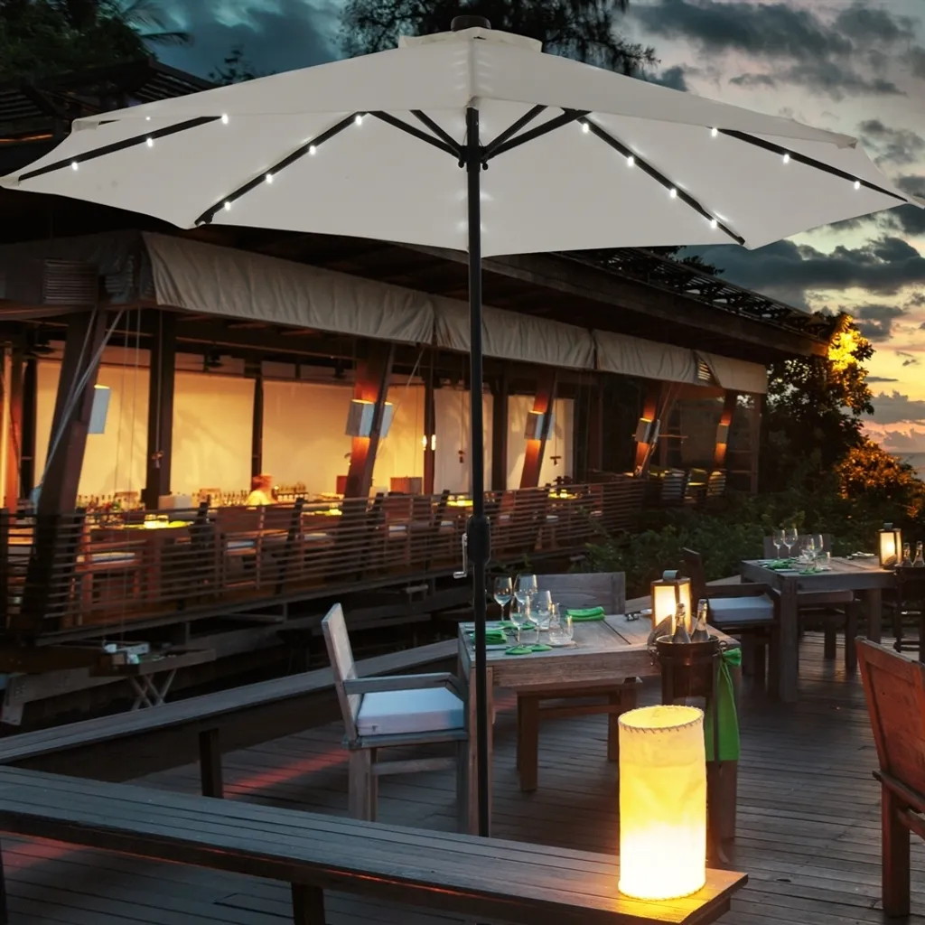 Parasol Gris Ø3m avec Lumières LED Intégrées Pivotant à 360° Manivelle - 9