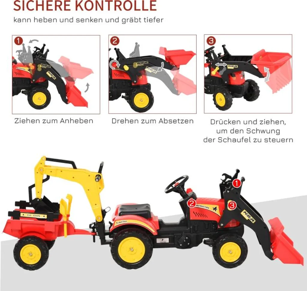 Tracteur à pédales avec chargeur frontal et pelle réglable pour enfant