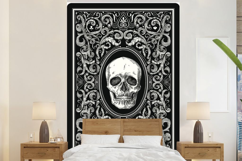 MuchoWow Fototapete für Wohnzimmer oder Schlafzimmer Wandtapete Vinyl Motivtapete Illustration einer Spielkarte mit einem Totenkopf - 170x260 cm...