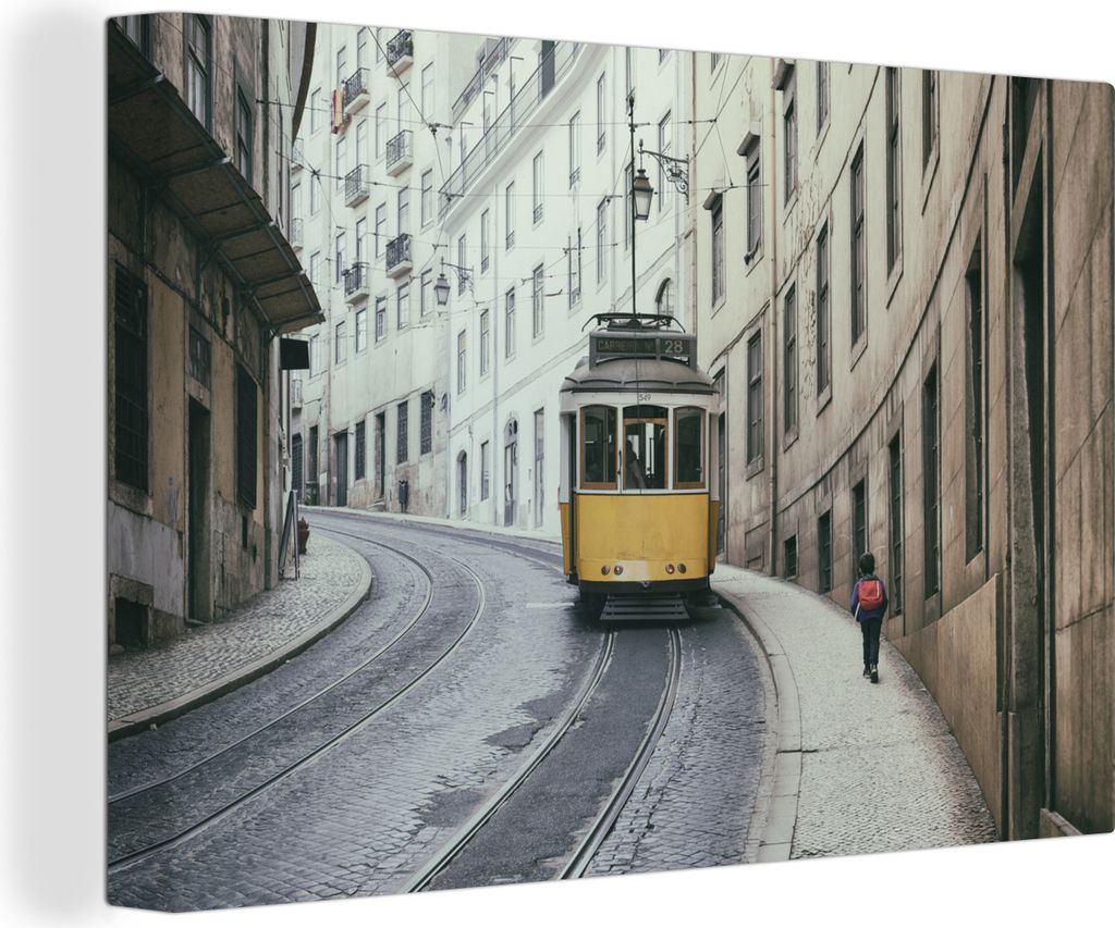 OneMillionCanvasses - Leinwandbilder - 140x90 cm, Die gelbe Straßenbahn fährt die steilen Straßen von Lissabon hinauf, Wandbilder Kunstdruck W...
