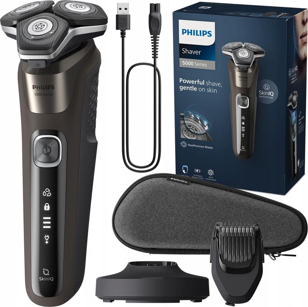 A collection of Philips shaver series 5000 products and accessories laid out on a white background.