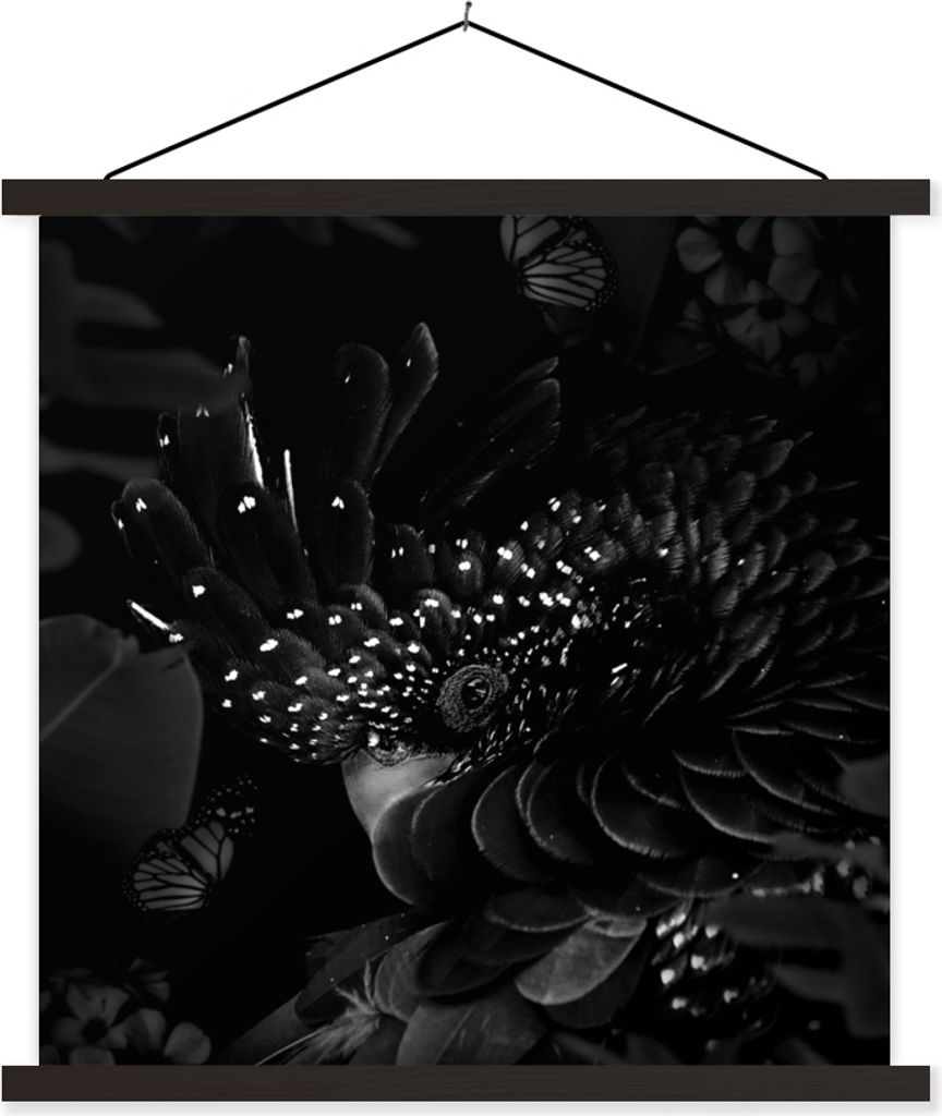 MuchoWow Textilposter Nahaufnahme eines Kakadus, umgeben von Schmetterlingen - schwarz und weiß 60x60 cm mit schwarzem Rahmen - Posteraufhänger