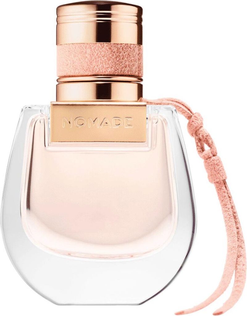 A close-up studio shot of a Chloé Nomade Eau de Parfum bottle.